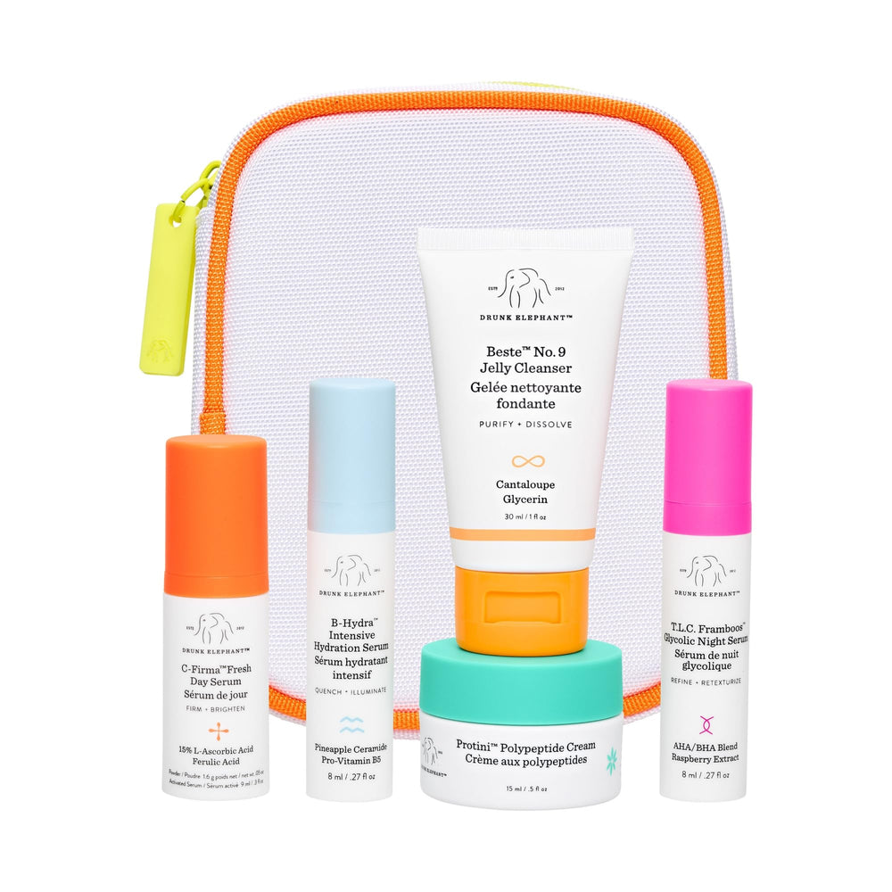 Drunk Elephant front packaging showing five travel-size essentials and benefits for travel