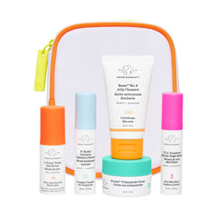 Drunk Elephant front packaging showing five travel-size essentials and benefits for travel
