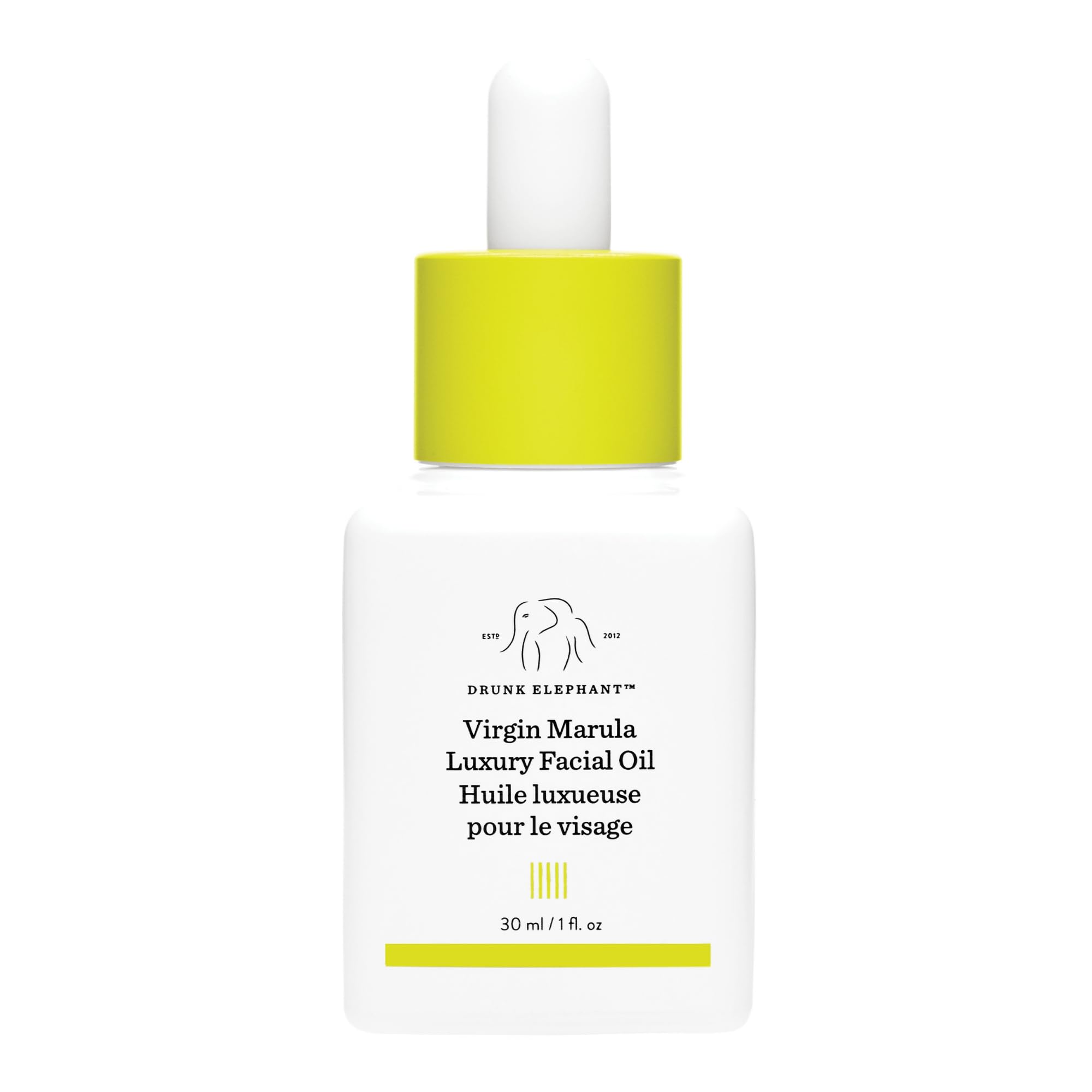 Drunk Elephant front bottle shot showing premium marula oil packaging and clarity