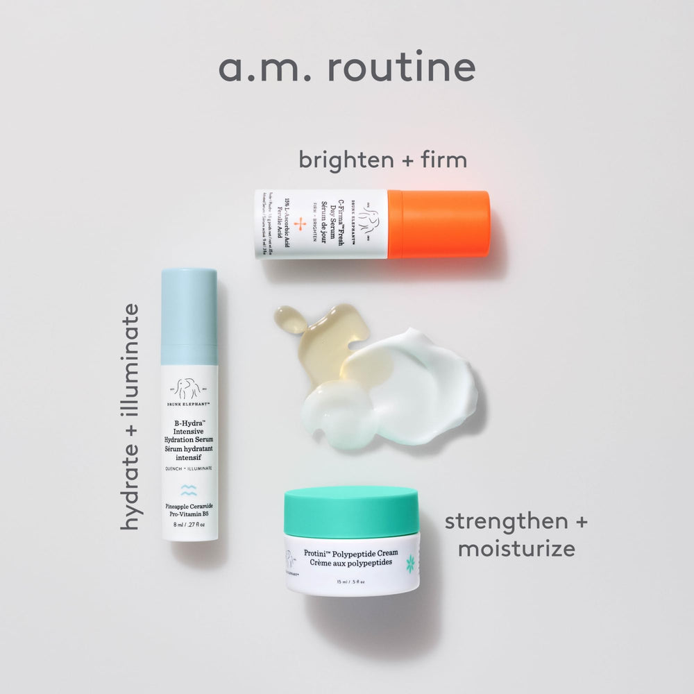 Drunk Elephant mini lineup inside travel bag displaying portability and routine completeness