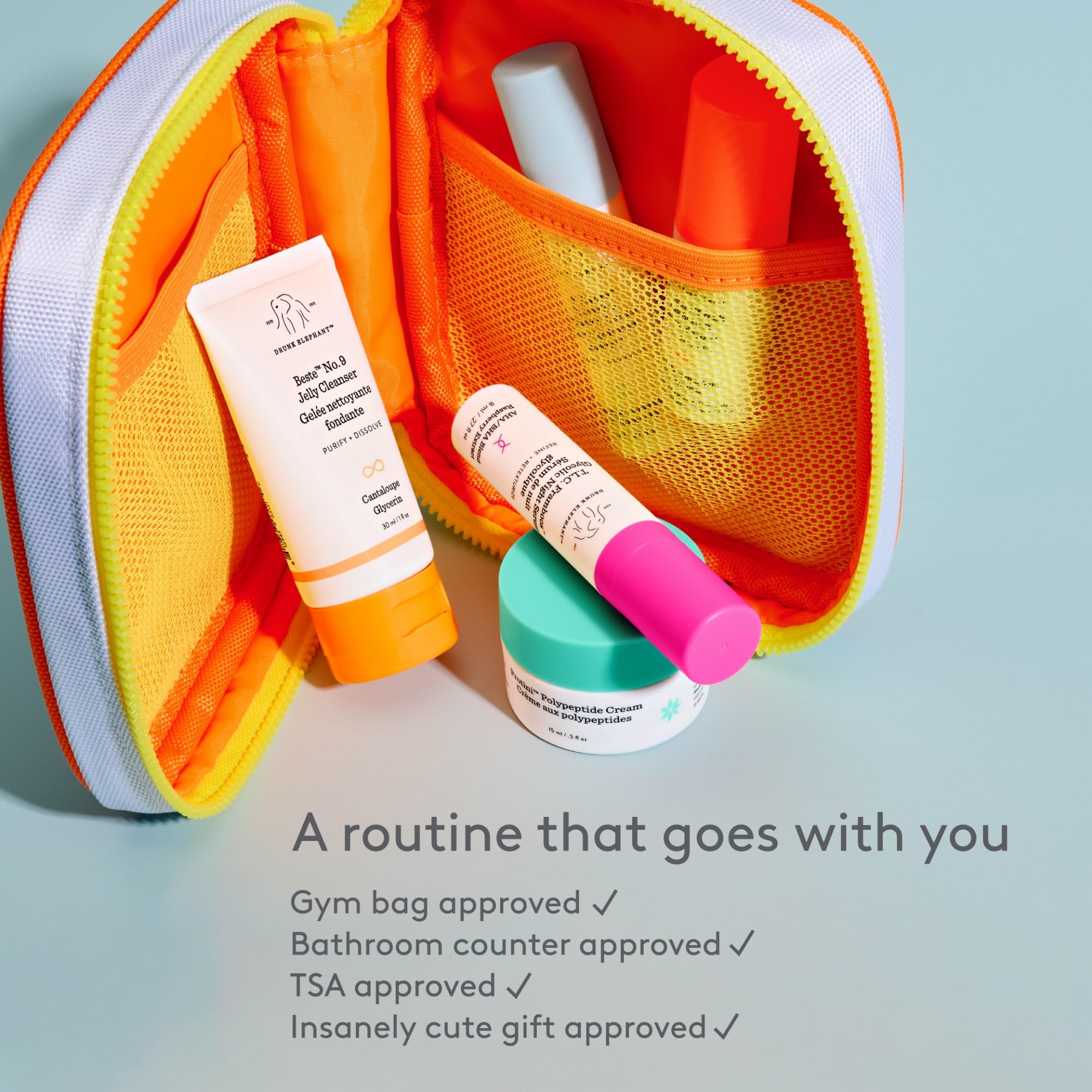 Drunk Elephant mixed serums in hand illustrating blendable formulas and easy layering