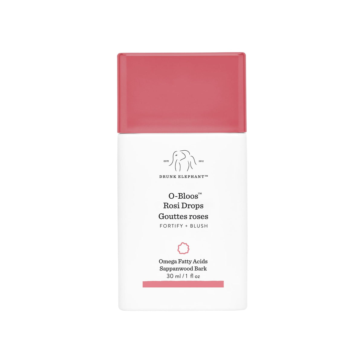 Drunk Elephant front bottle shot showing peachy-pink serum and clean packaging benefit: clear product info