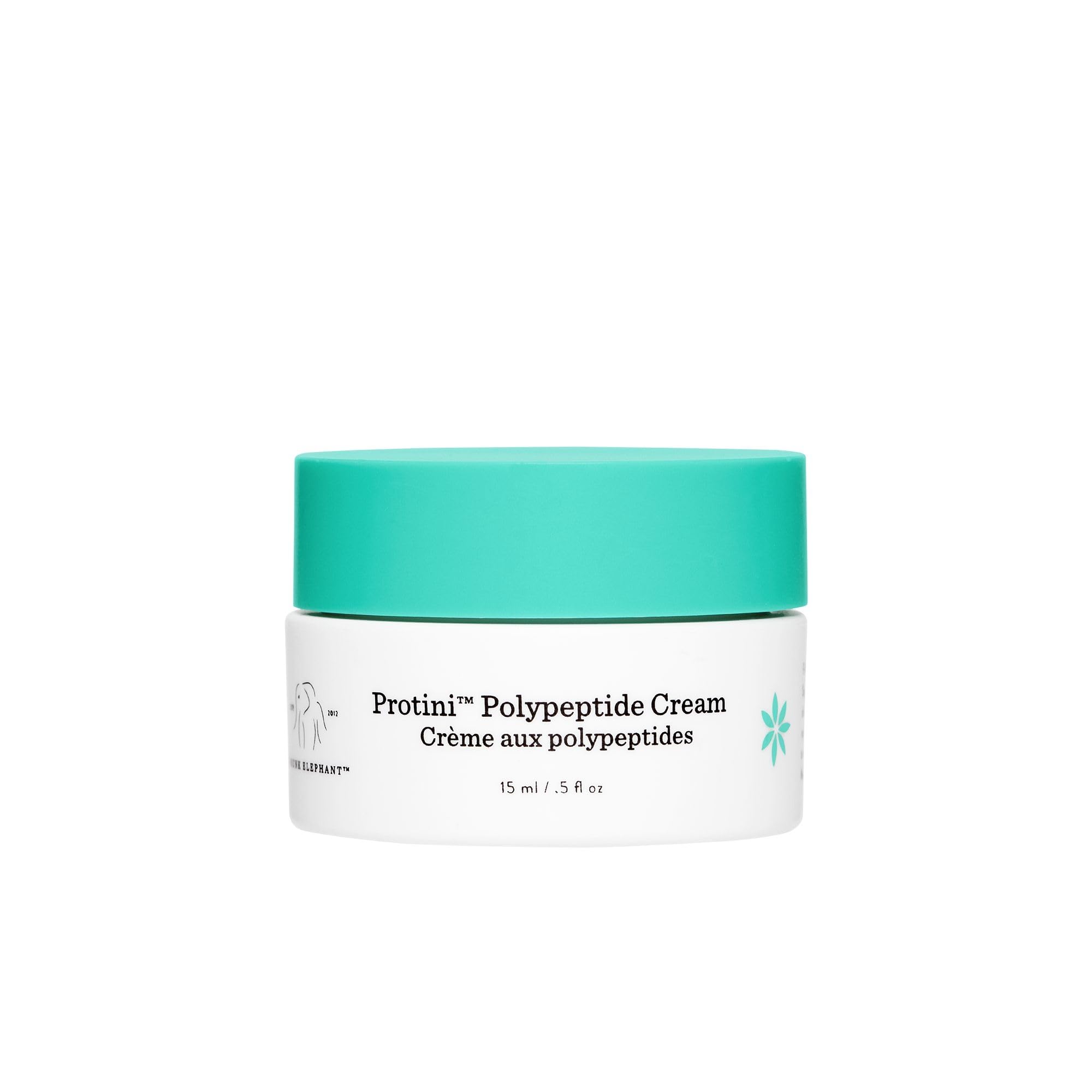 Drunk Elephant Protini front packaging showing compact travel jar and branding benefits