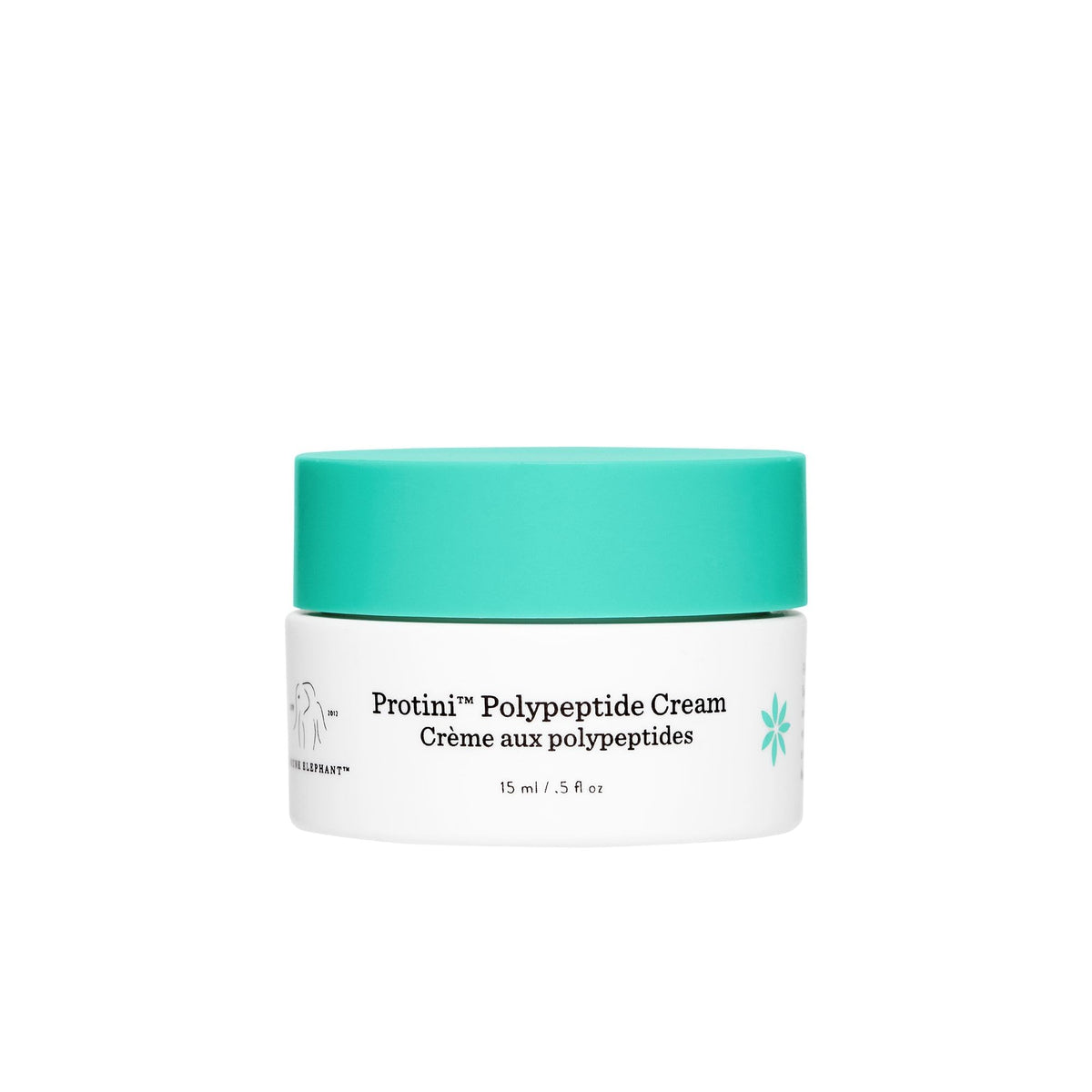 Drunk Elephant Protini front packaging showing compact travel jar and branding benefits