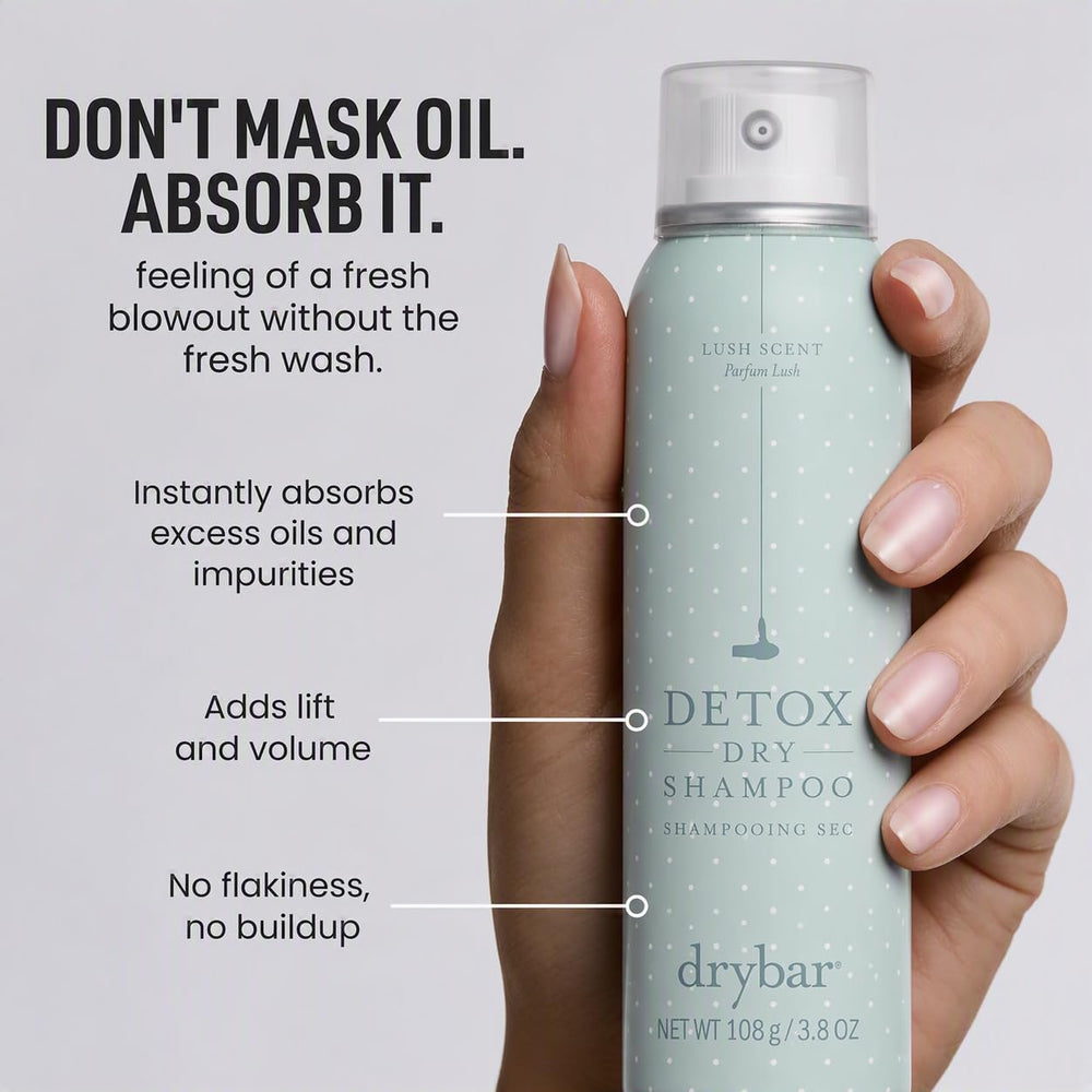 Drybar Detox mist texture in air illustrating lightweight spray and even coverage benefit