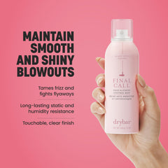 Drybar mist being sprayed on styled hair to tame flyaways and add shine