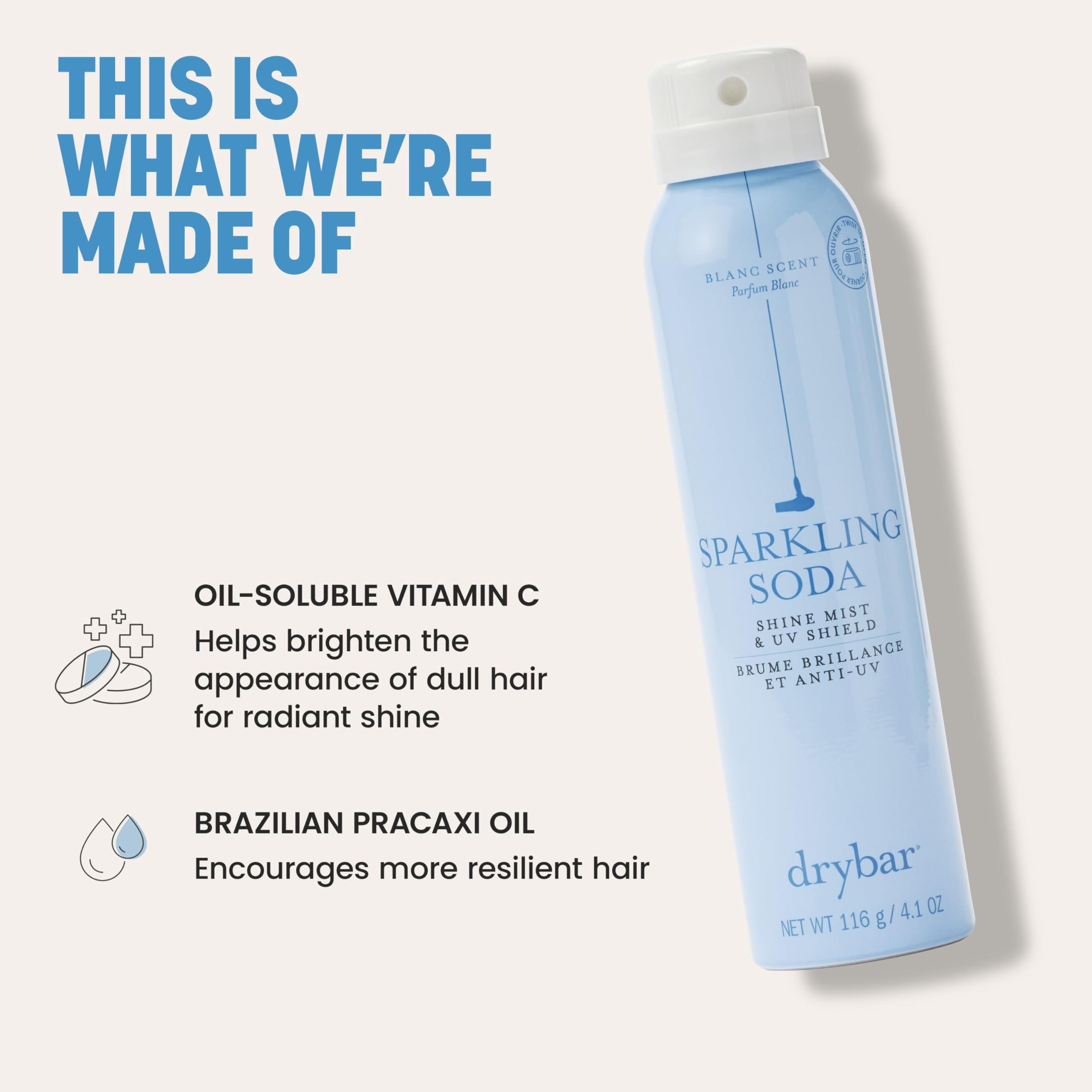 Drybar bottle held in hand to show 4.1 oz scale and travel-friendly convenience