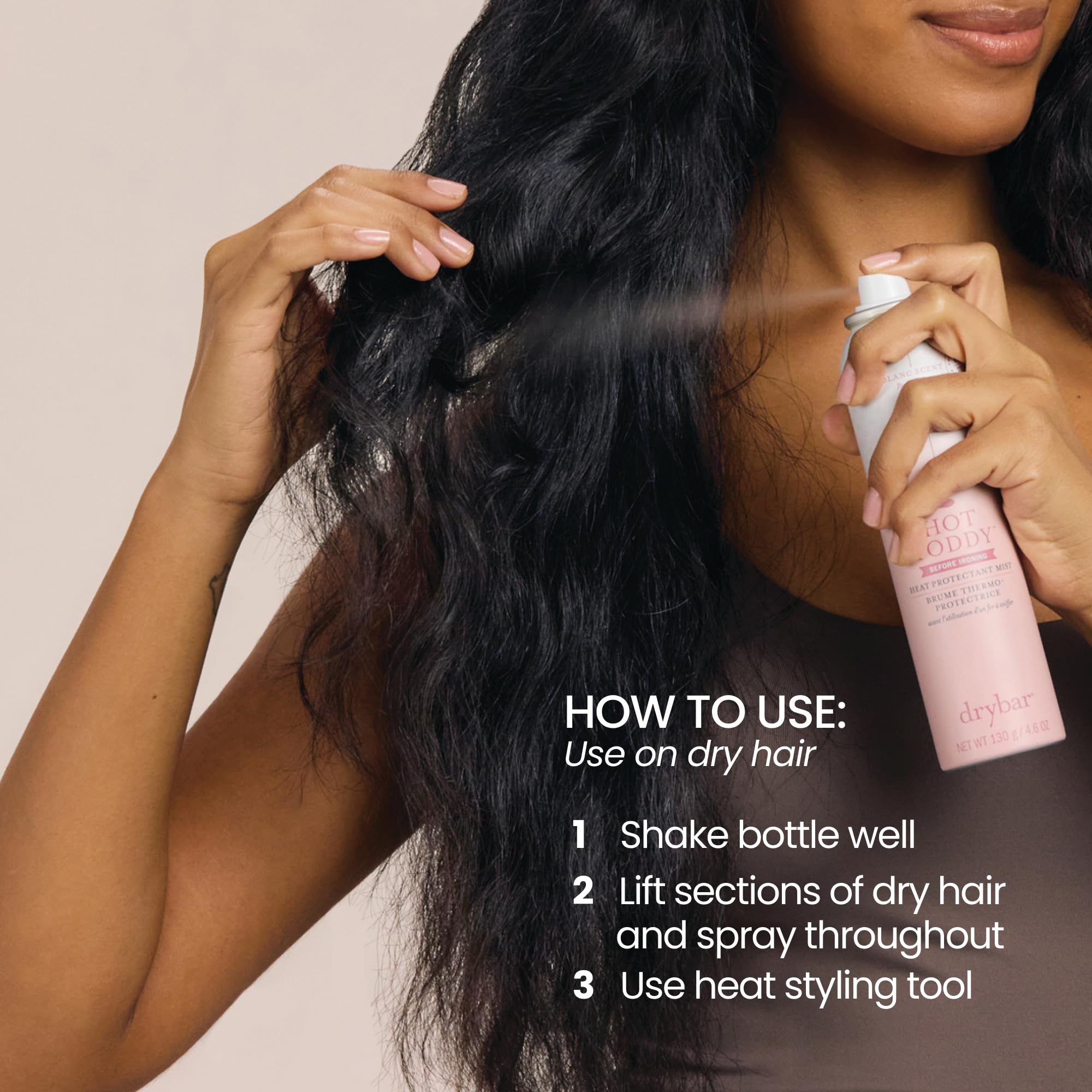 Comparison hair before and after using Drybar Hot Toddy showing smoother, shinier result