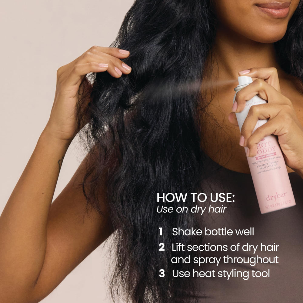 Comparison hair before and after using Drybar Hot Toddy showing smoother, shinier result
