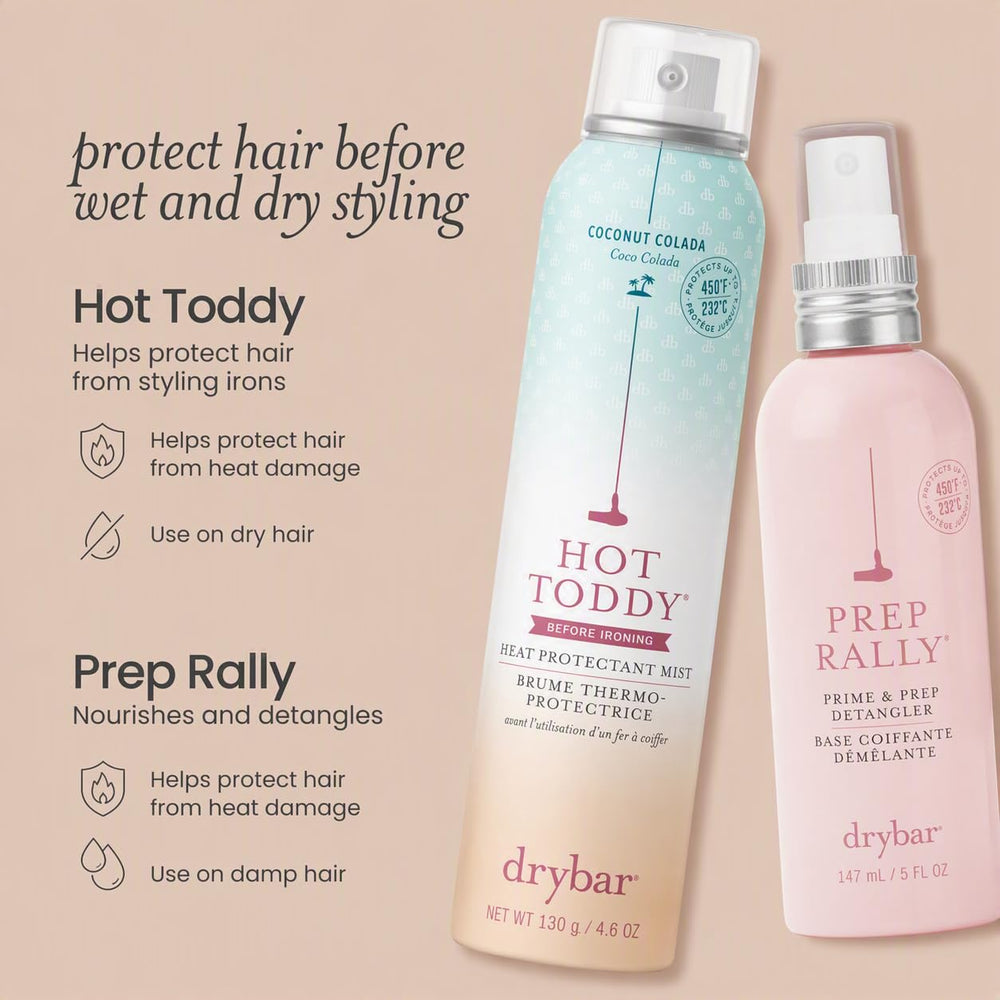 Hand holding Drybar Hot Toddy bottle to show 4.6 oz size and travel-friendly benefit