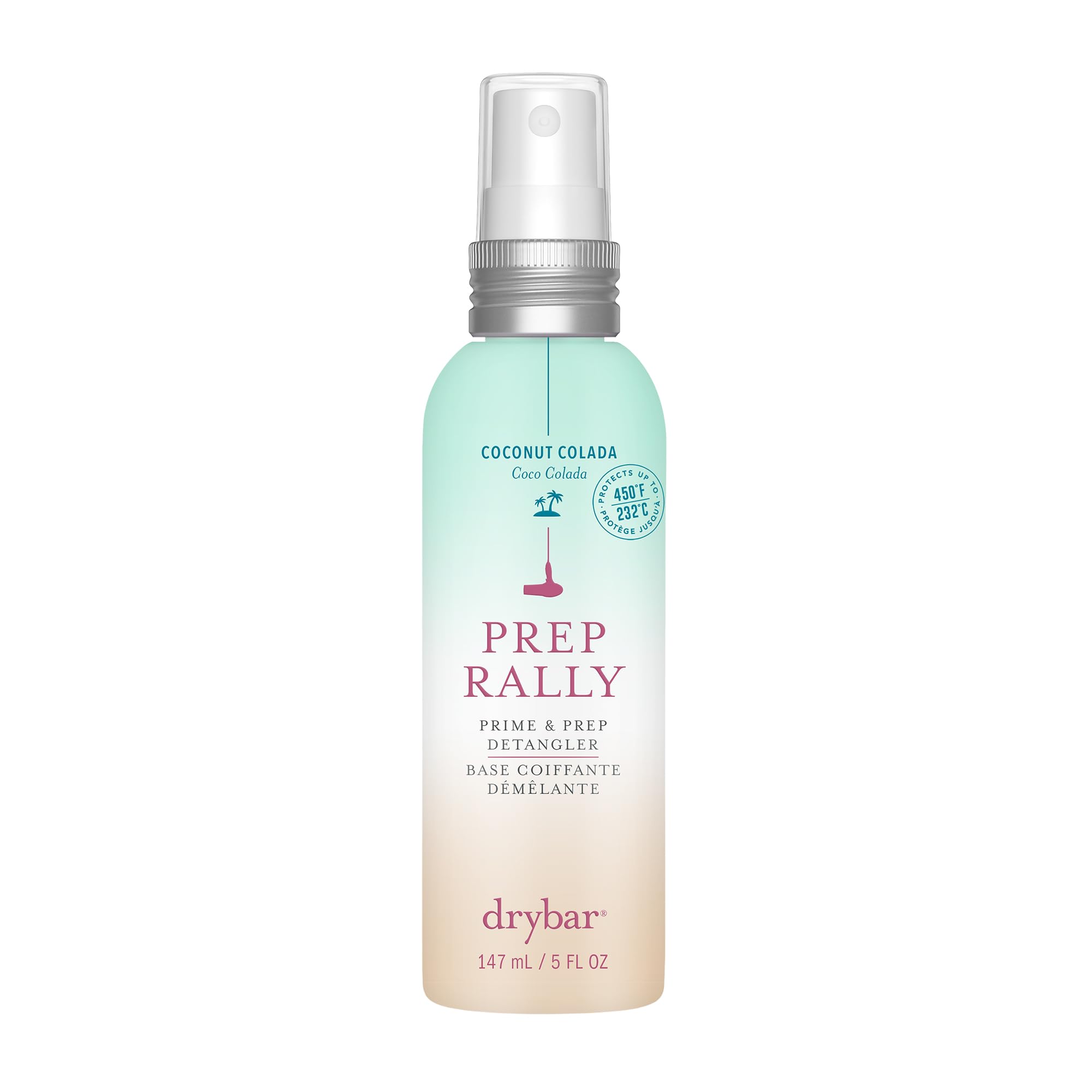 Drybar bottle front view showing Coconut Colada scent and portable size benefit