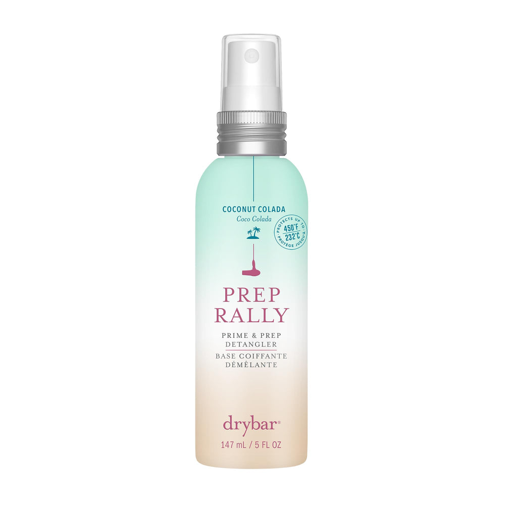 Drybar bottle front view showing Coconut Colada scent and portable size benefit