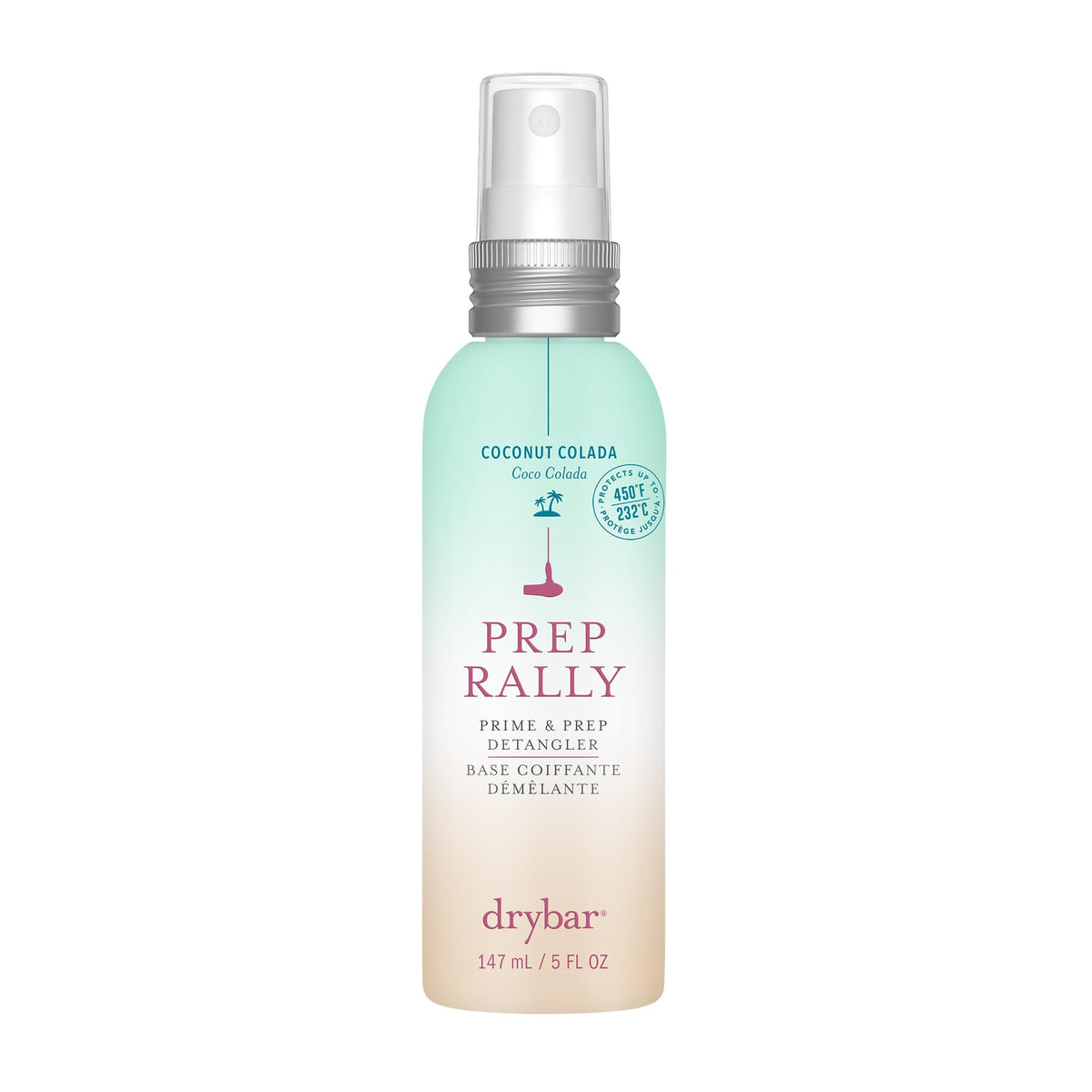 Drybar bottle front view showing Coconut Colada scent and portable size benefit