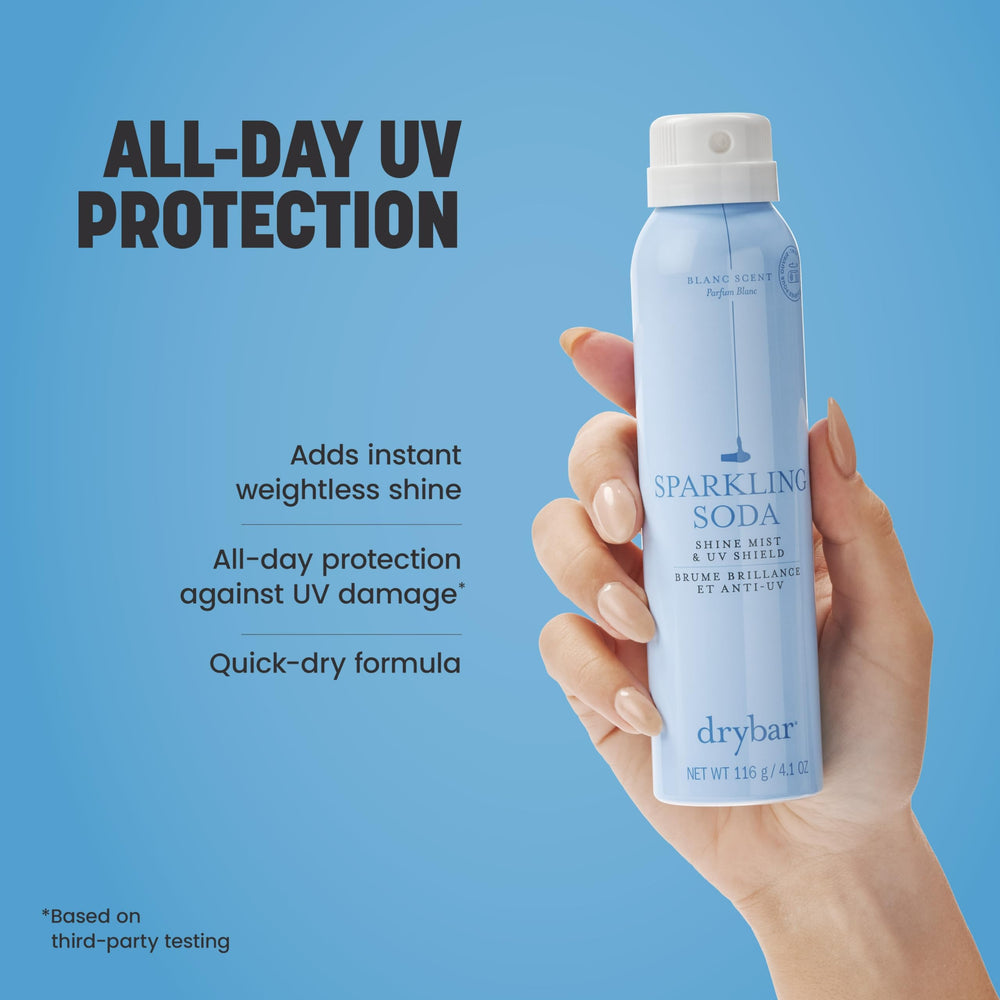 Drybar mist visible on hair strands demonstrating lightweight shine without residue