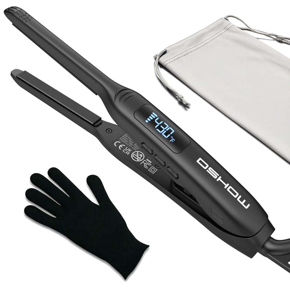 DSHOW front view of mini flat iron showing slim profile and portability benefit