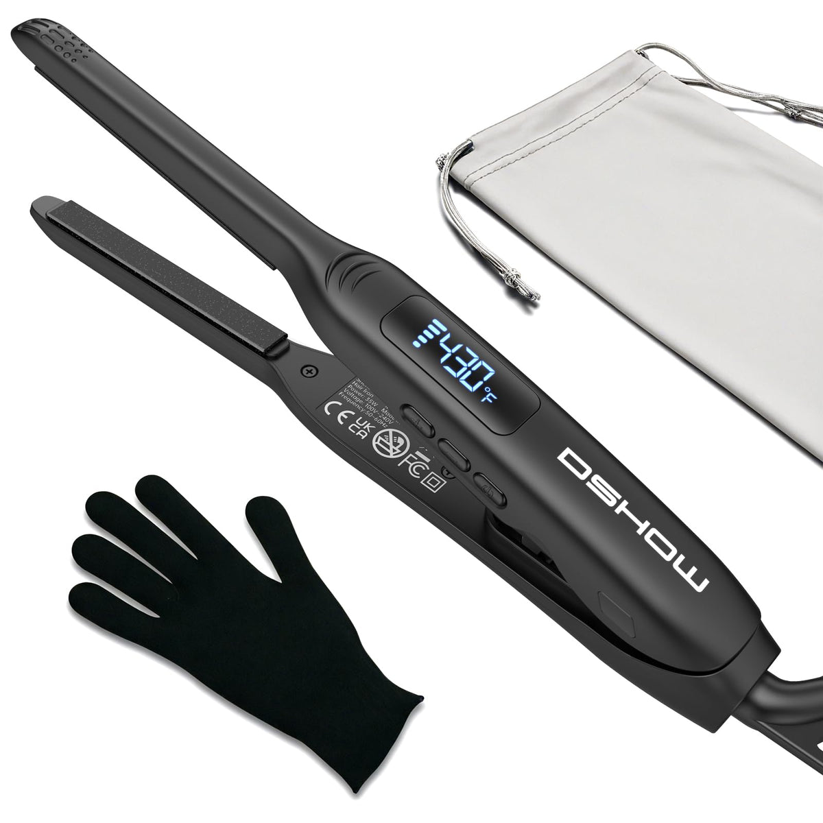 DSHOW front view of mini flat iron showing slim profile and portability benefit