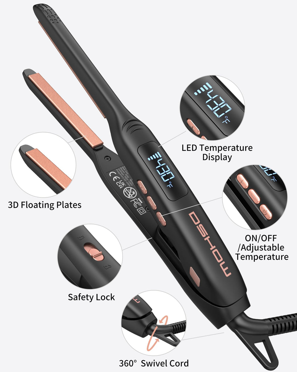 DSHOW mini iron next to hand showing scale and portability benefit