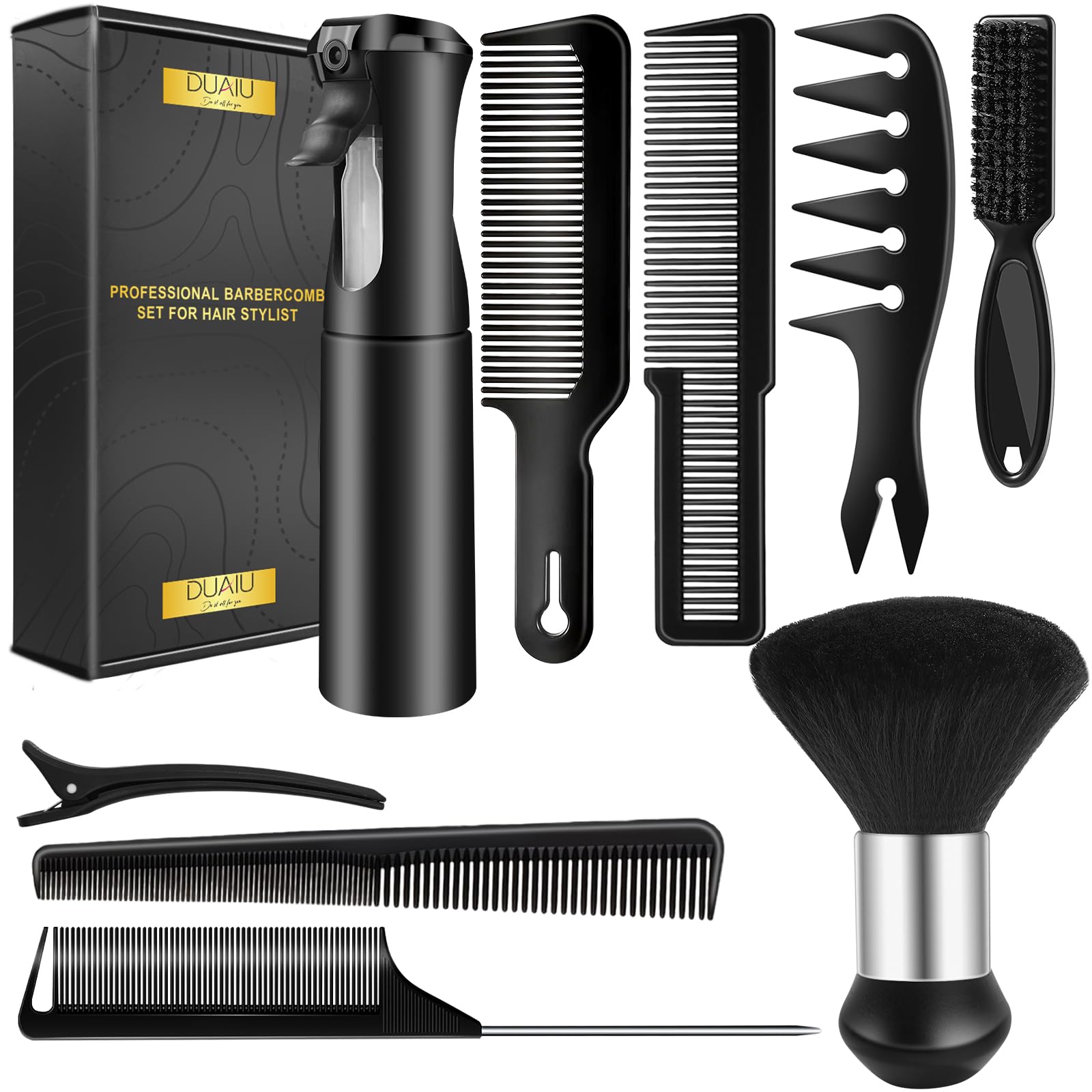 DUAIU front packaging showing full 9-piece barber comb set and convenience