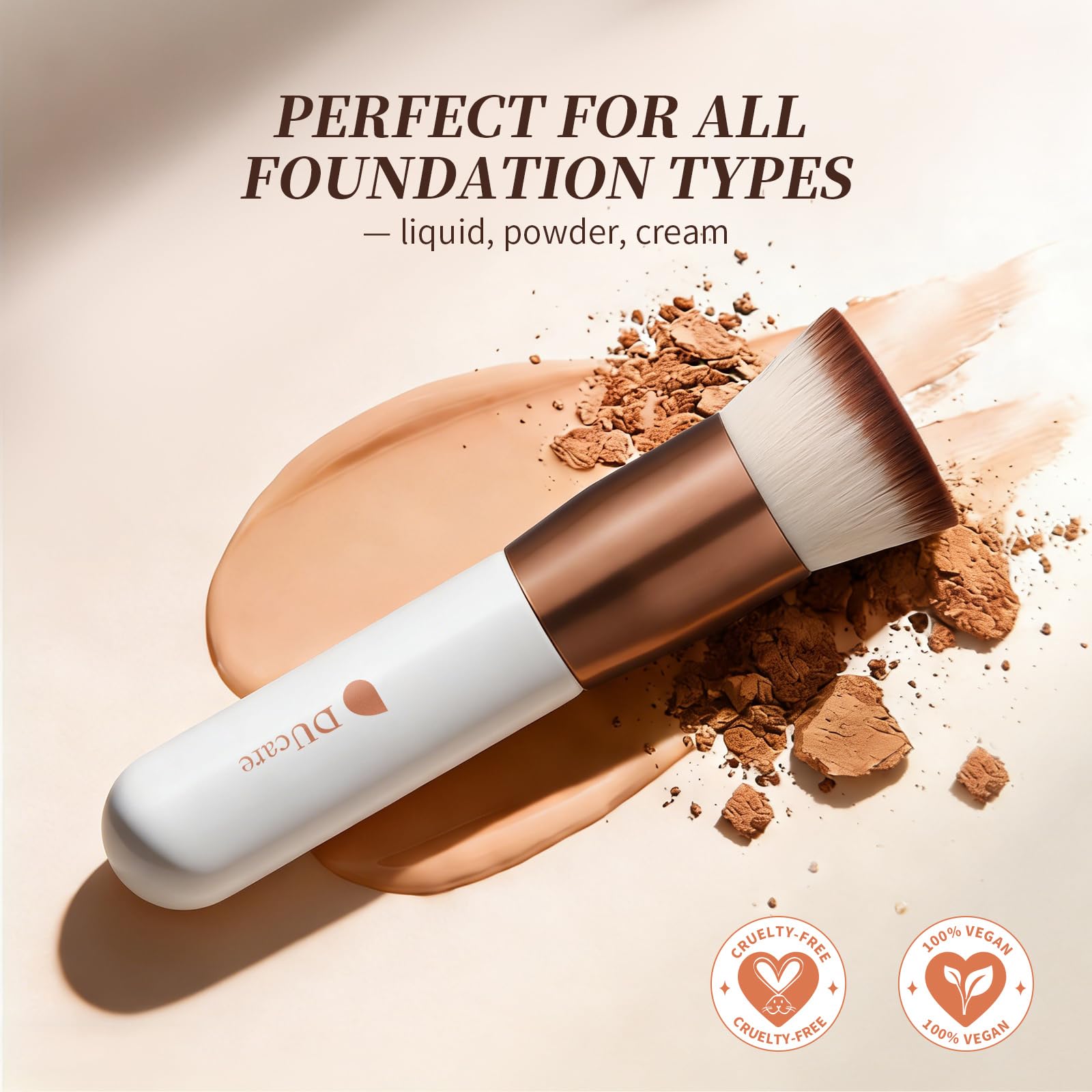 DUcare brush with foundation dots on hand showing controlled product pickup benefit