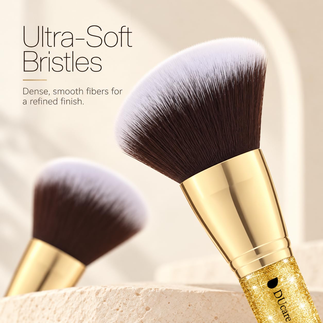 DUcare brushes in a makeup bag lifestyle image illustrating travel-ready convenience