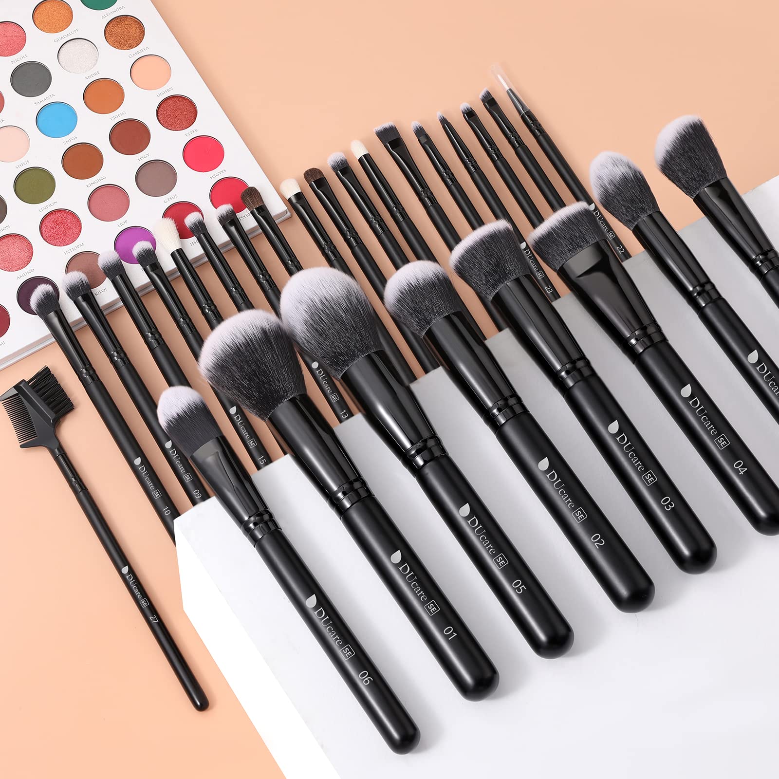 DUcare brushes styled on vanity illustrating polished everyday use and storage