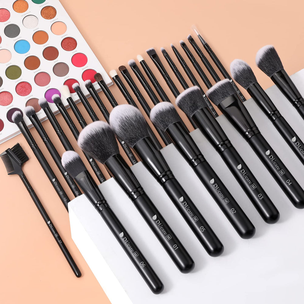 DUcare brushes styled on vanity illustrating polished everyday use and storage