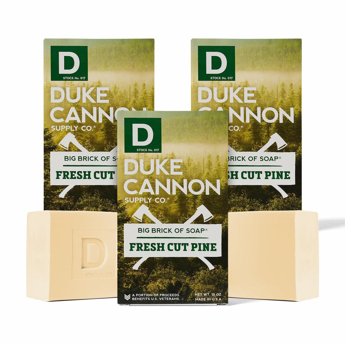 Duke Cannon front packaging showing bold 10 oz bar and pine scent benefit