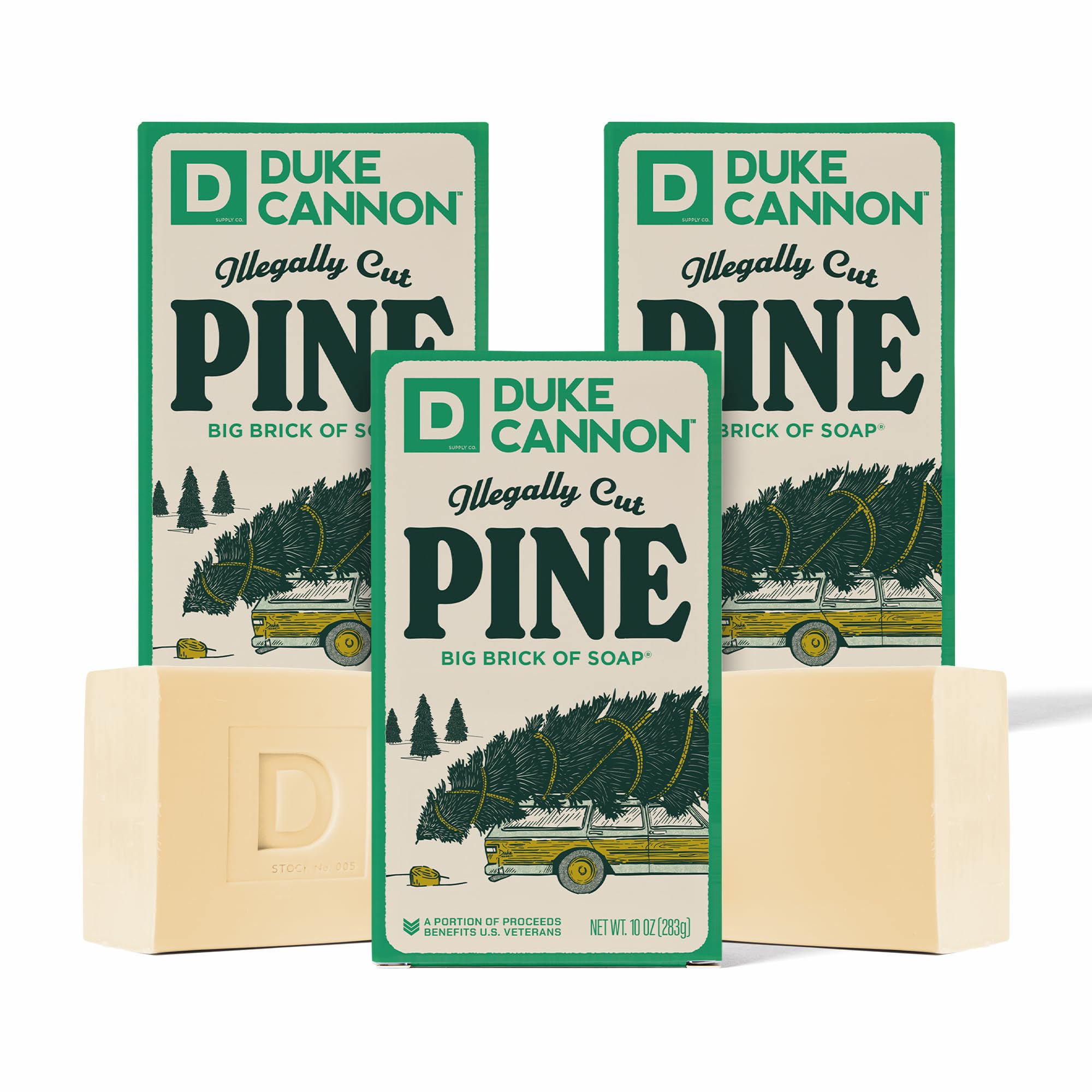 Duke Cannon front packaging showing three 10 oz bars and pine scent benefit