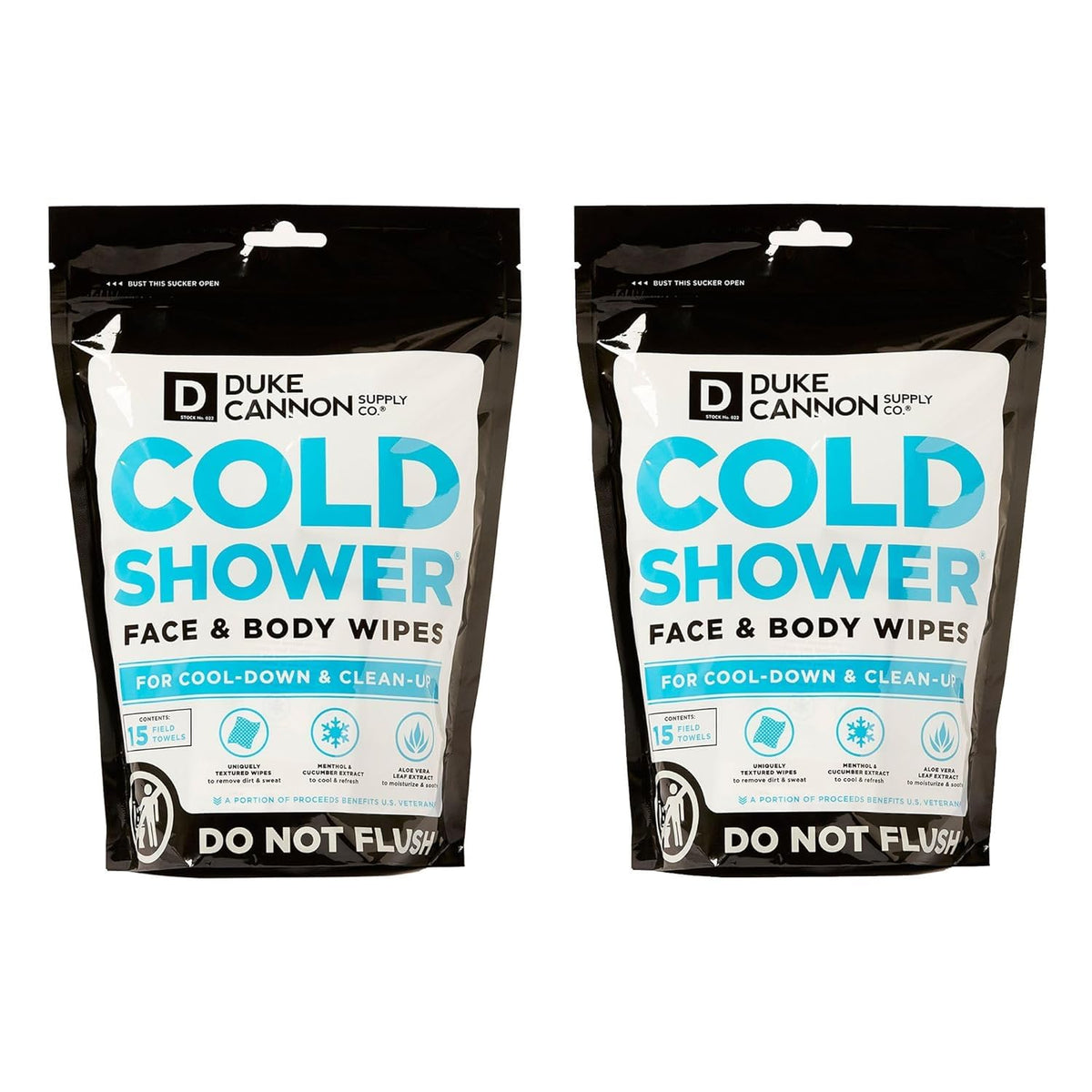 Duke Cannon front pack showing two 15-count cooling towel pouches for portability