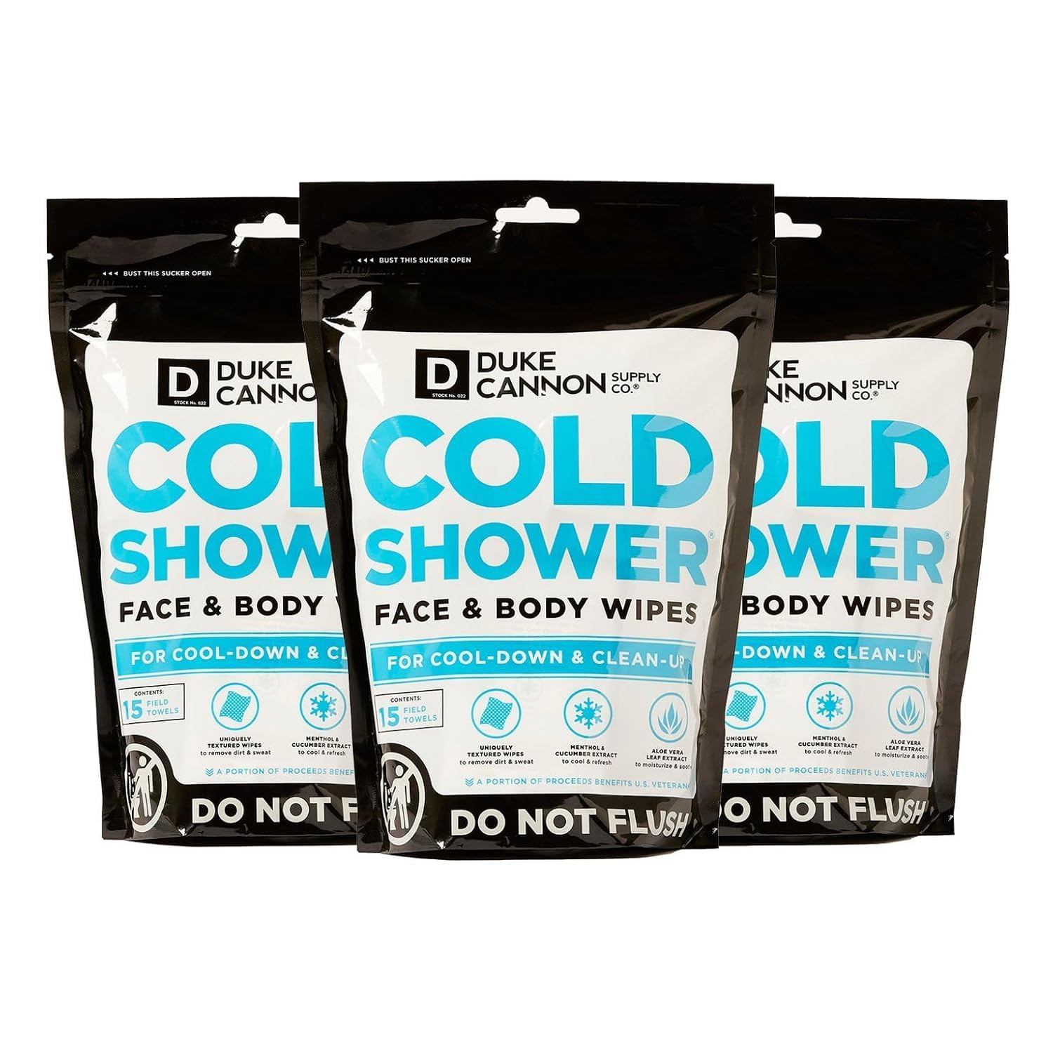 Duke Cannon front packaging showing three resealable pouches for convenience
