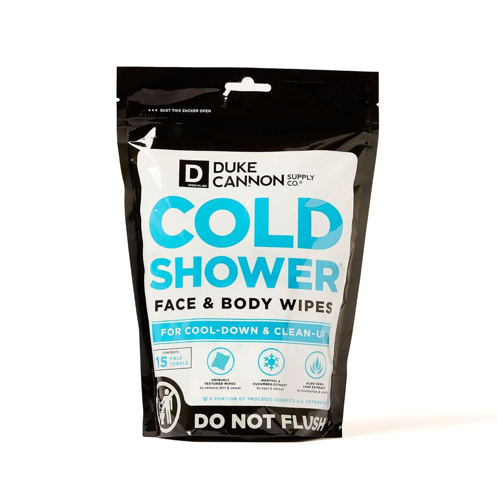 Duke Cannon open pouch with a single wipe ready, offering instant relief