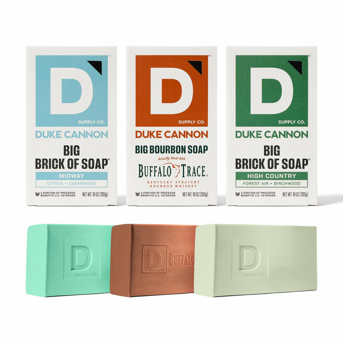 Duke Cannon front packaging showing durable box and three-bar set benefits