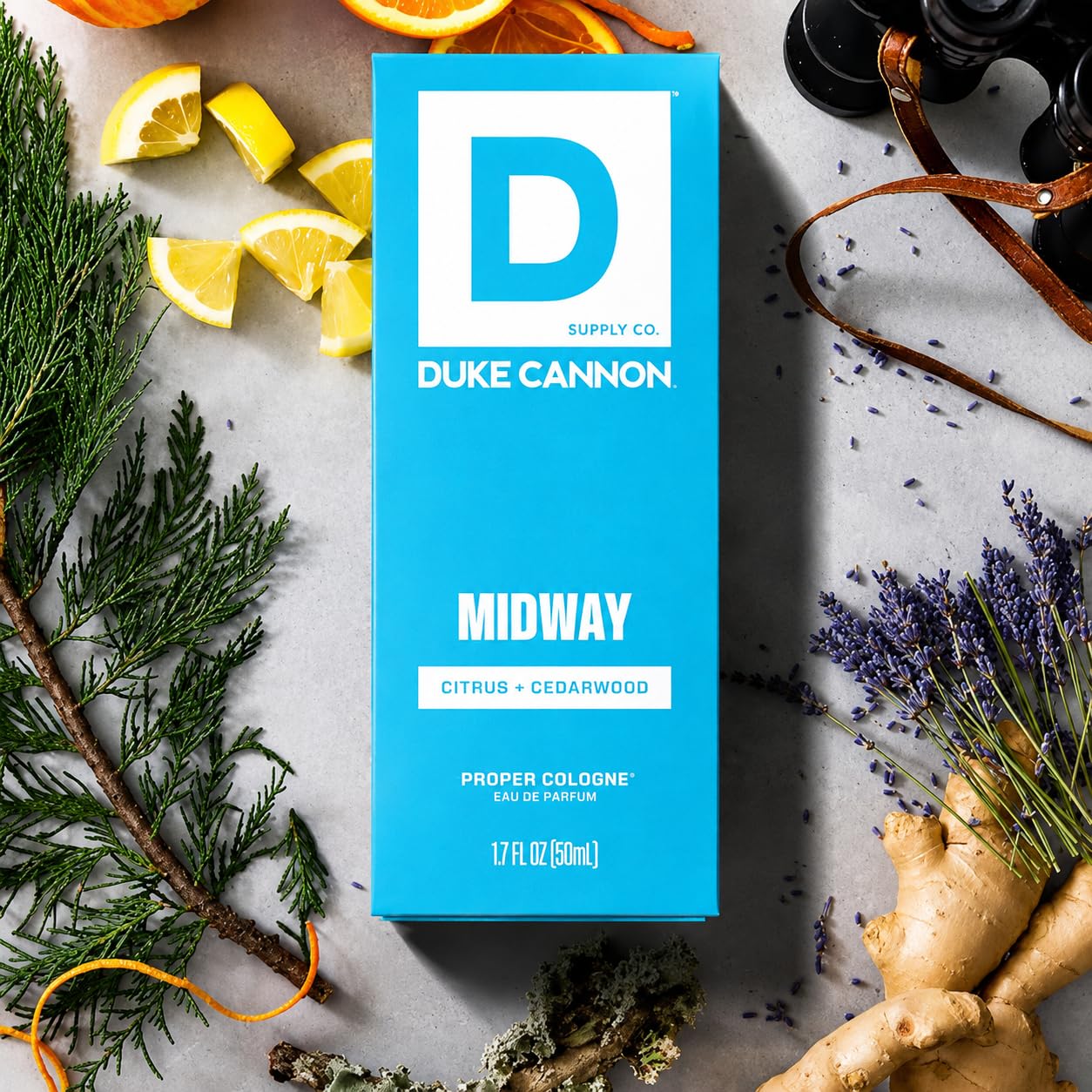 Duke Cannon bottle on bathroom shelf showing Midway as everyday grooming staple