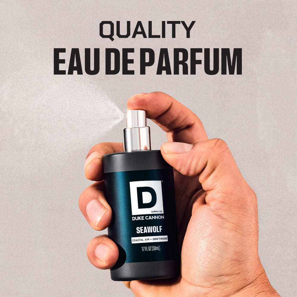 Duke Cannon Seawolf label close-up highlighting brand and coastal driftwood scent details