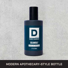 Duke Cannon Seawolf side profile demonstrating compact 1.7 fl oz bottle for travel
