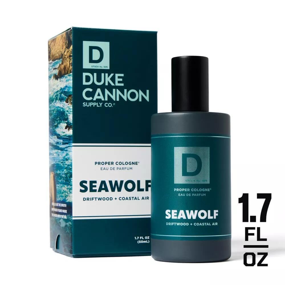 Duke Cannon Seawolf held in hand for scale showing portable cologne size