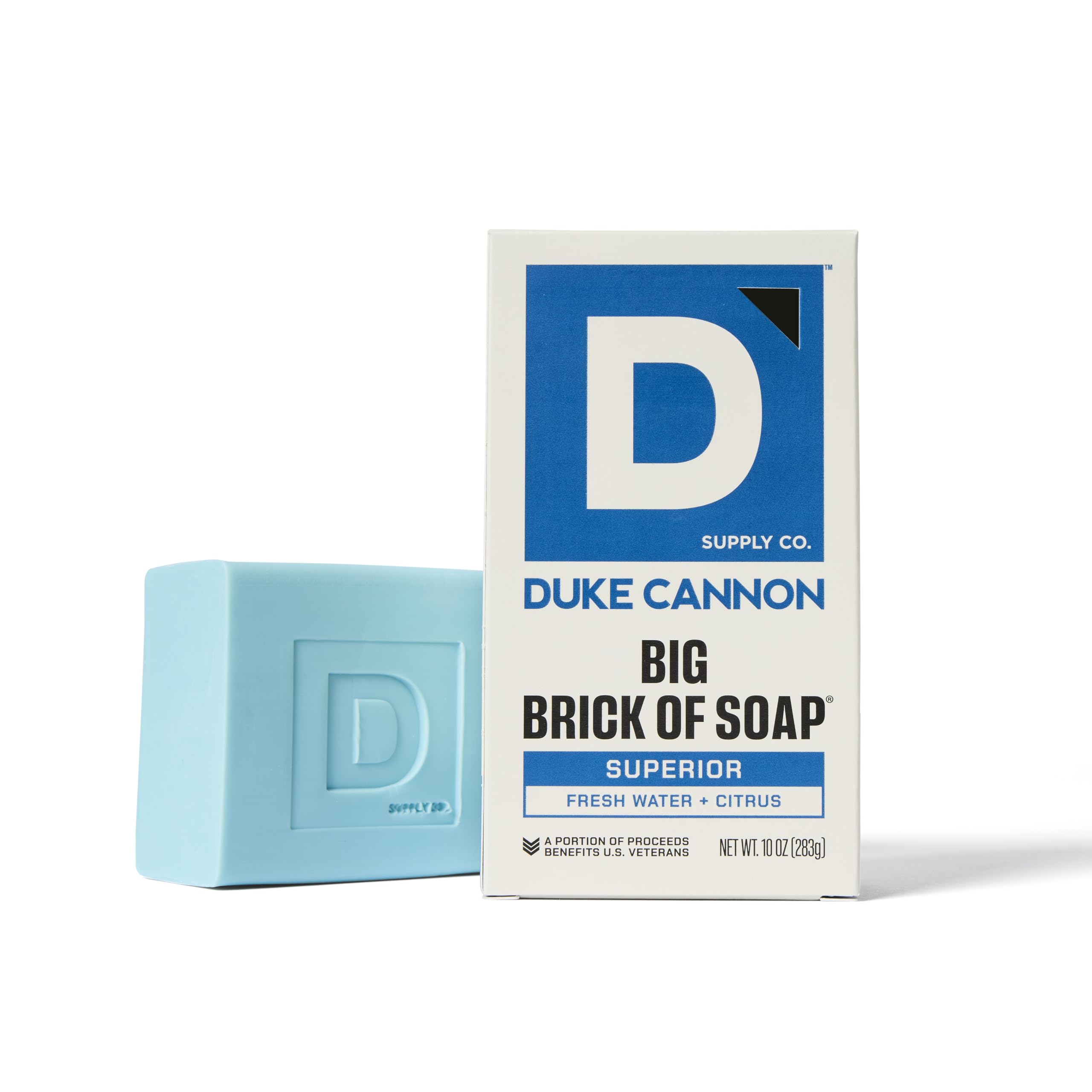 Duke Cannon Superior bar label detail revealing sandalwood-vetiver scent and premium finish