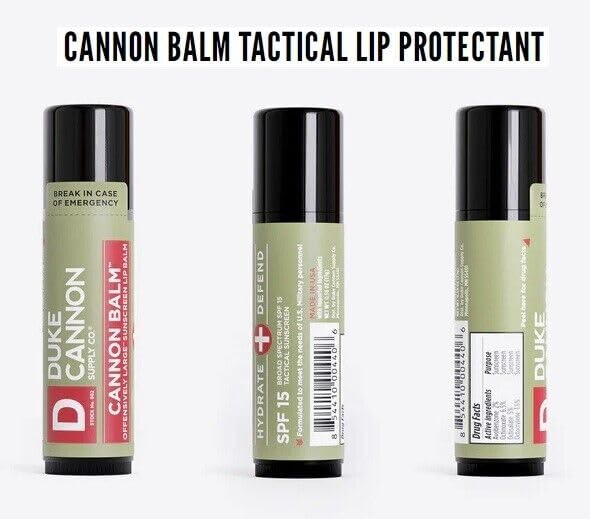 Duke Cannon lip balm on a camping table conveying outdoor use and sun protection