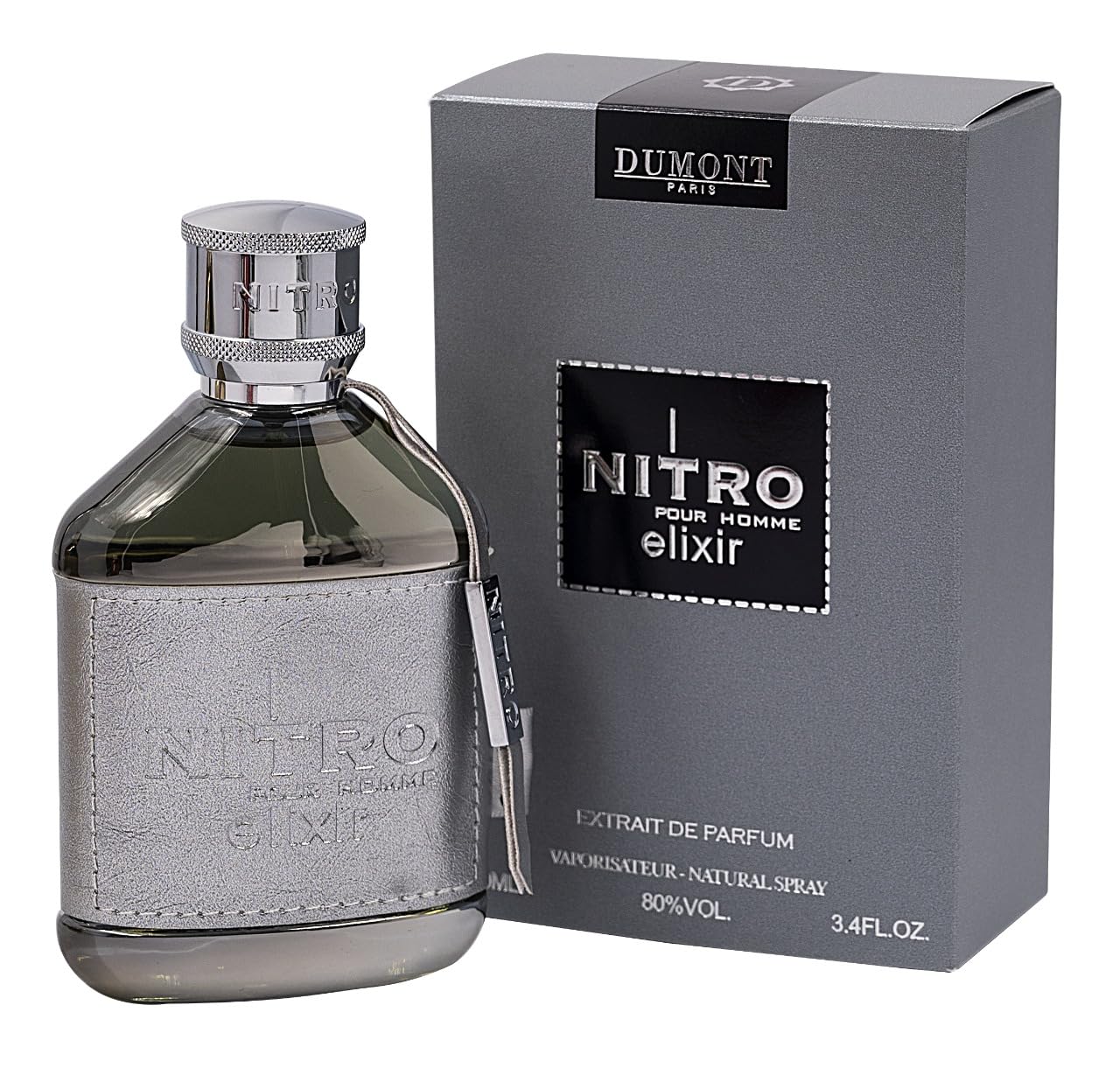 Dumont Nitro Elixir front bottle showing leather wrap and chrome cap, conveys luxury