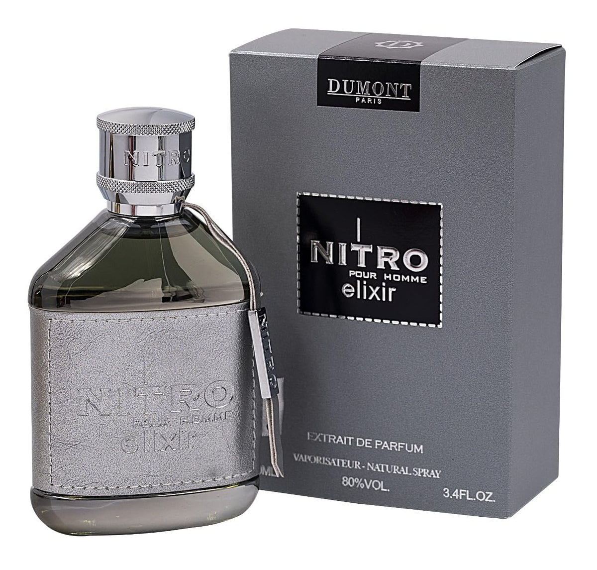 Dumont Nitro Elixir front bottle showing leather wrap and chrome cap, conveys luxury