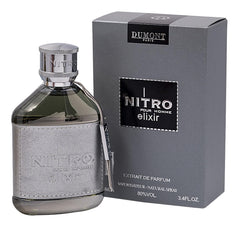 Dumont Nitro Elixir front bottle showing leather wrap and chrome cap, conveys luxury