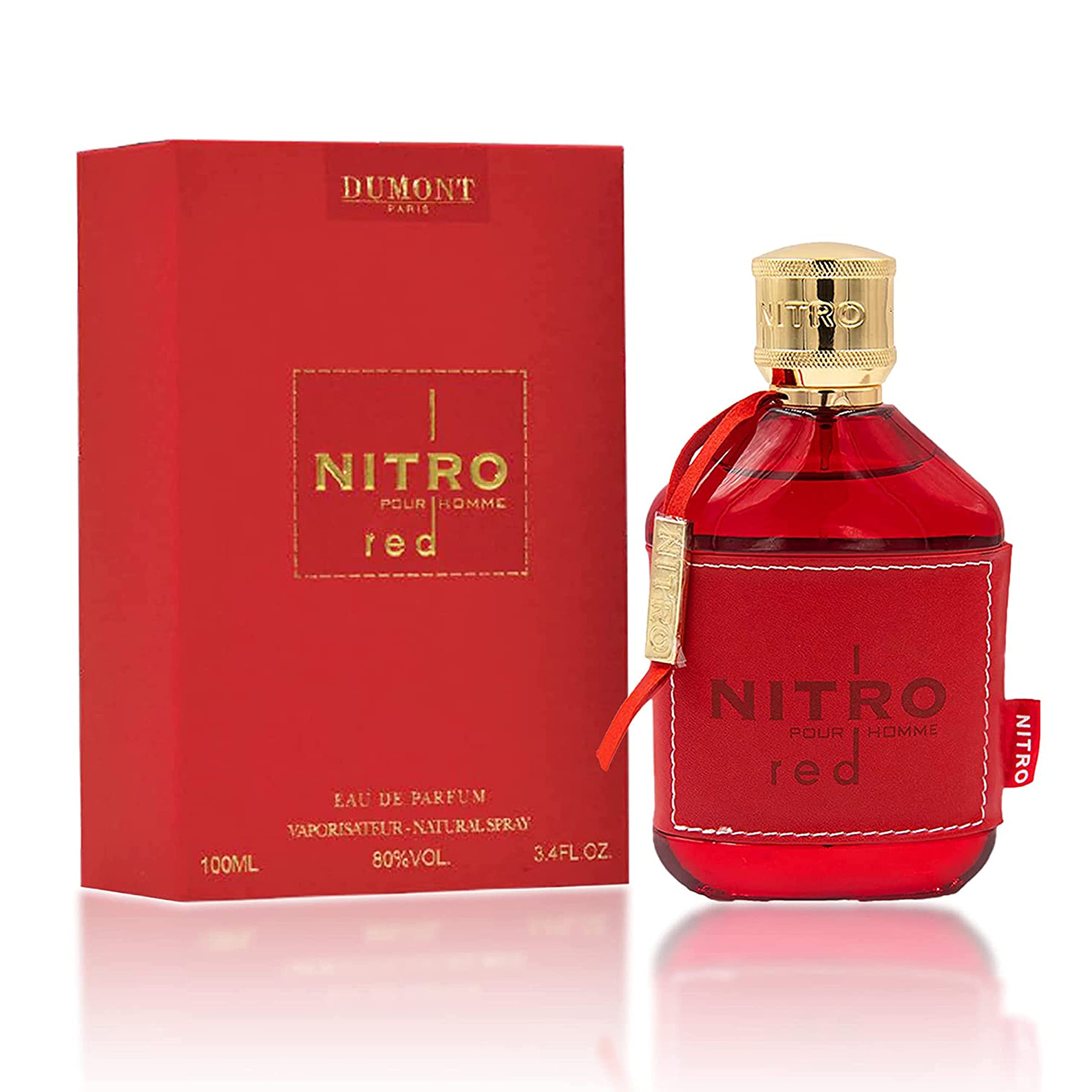 Dumont Nitro Red front bottle view showing bold red design and confident look