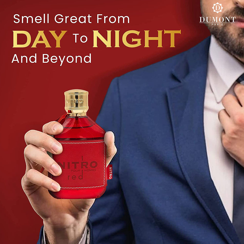 Dumont Nitro Red beside a ruler and wallet showing 100ml scale and travel readiness