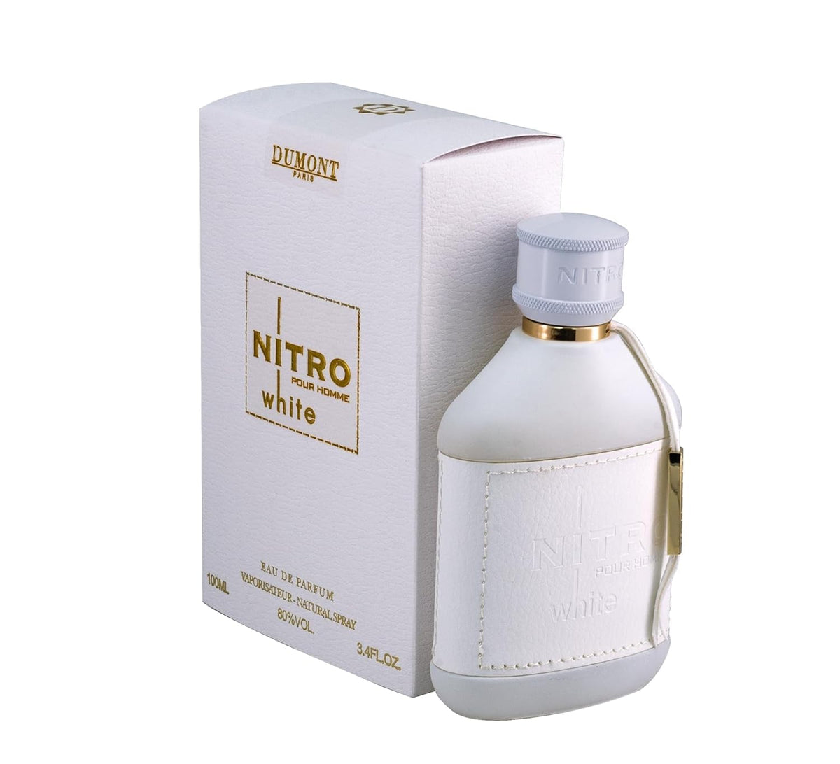 Dumont Nitro White front bottle showing minimalist white design and modern appeal