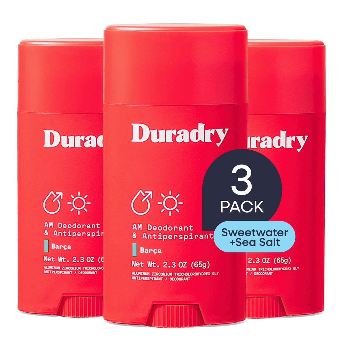 Duradry front packaging showing the 3-pack and clinical sweat control benefits