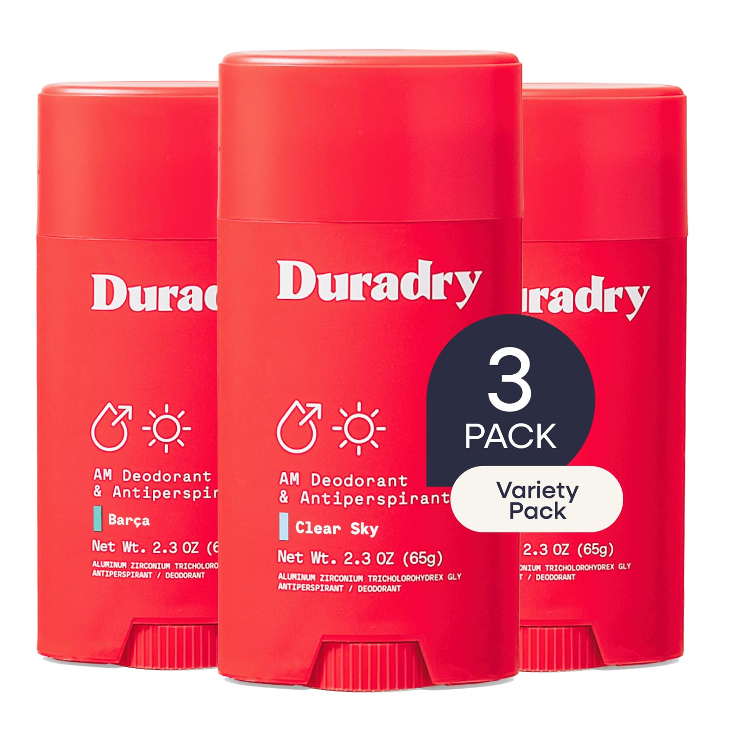 Duradry trio front packaging showing three scents and compact sticks benefit convenience
