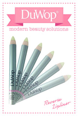 DuWop reverse lipliner size comparison next to fingers for scale and travel-friendly benefit