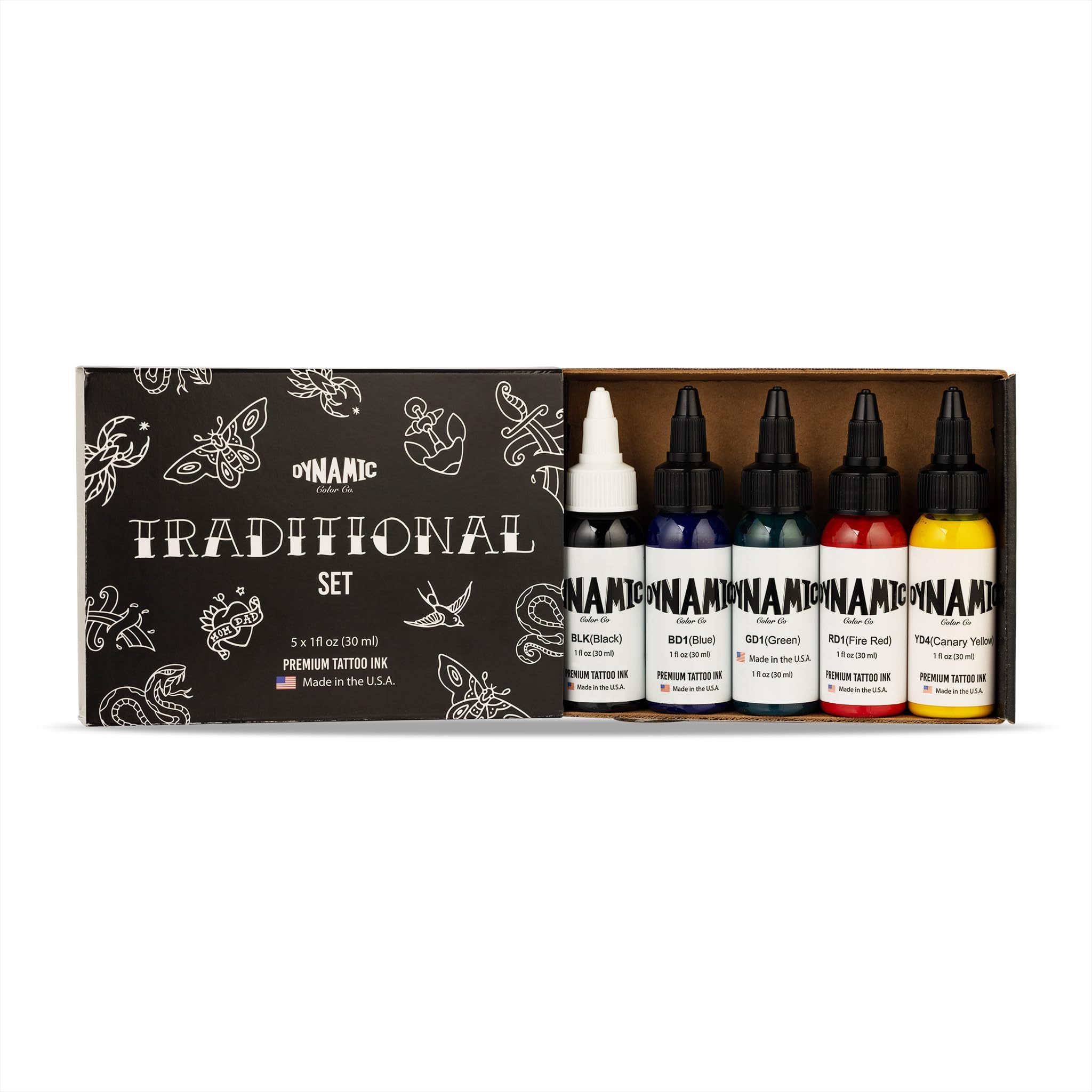 Dynamic Color front view of five 1 oz bottles showing set benefit of ready-to-use palette