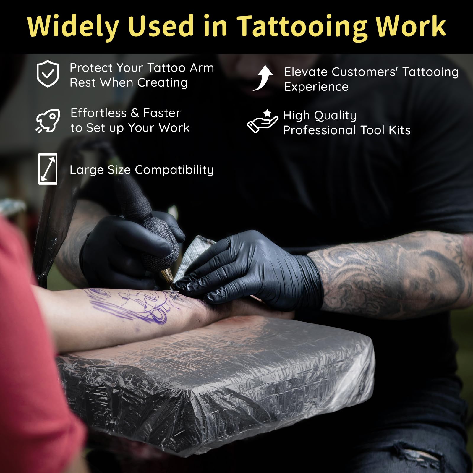 Dynvue cover fitted on tattoo armrest in use for hygienic waterproof protection