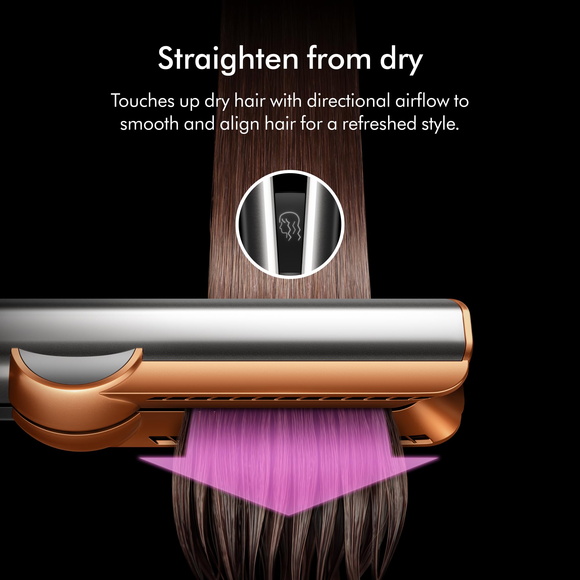 Dyson Airstrait airflow nozzle view demonstrating focused airflow performance